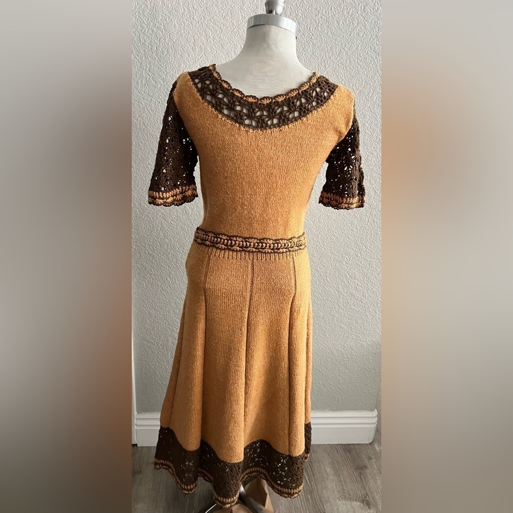 Handmade Knit Vintage A line Dress size M 6/8 dark yellow brown w belt - Picture 6 of 6